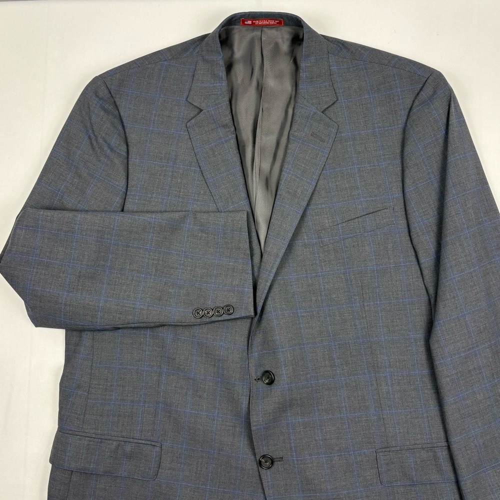 Hart Schaffner Marx Wool Sport Coat 52L Gray w/Blue Windowpane Plaid USA EUC